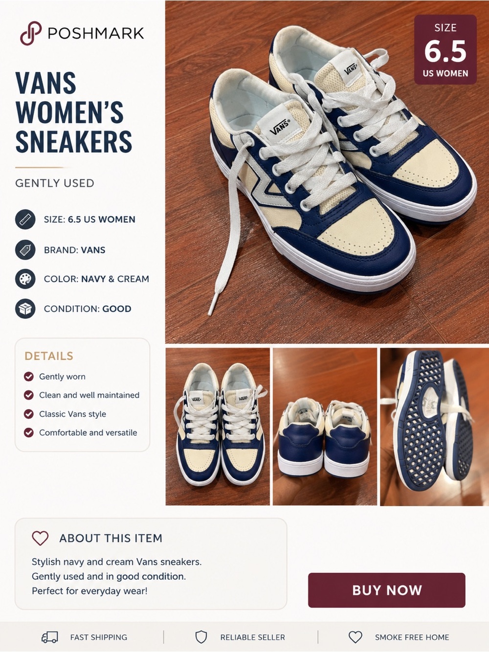 Vans Women's Low-Top Sneakers Navy and Cream Leather